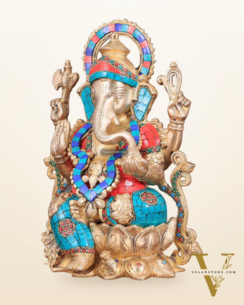 Handcrafted Brass Ganesha Idol with Meenakari Stonework - 12"