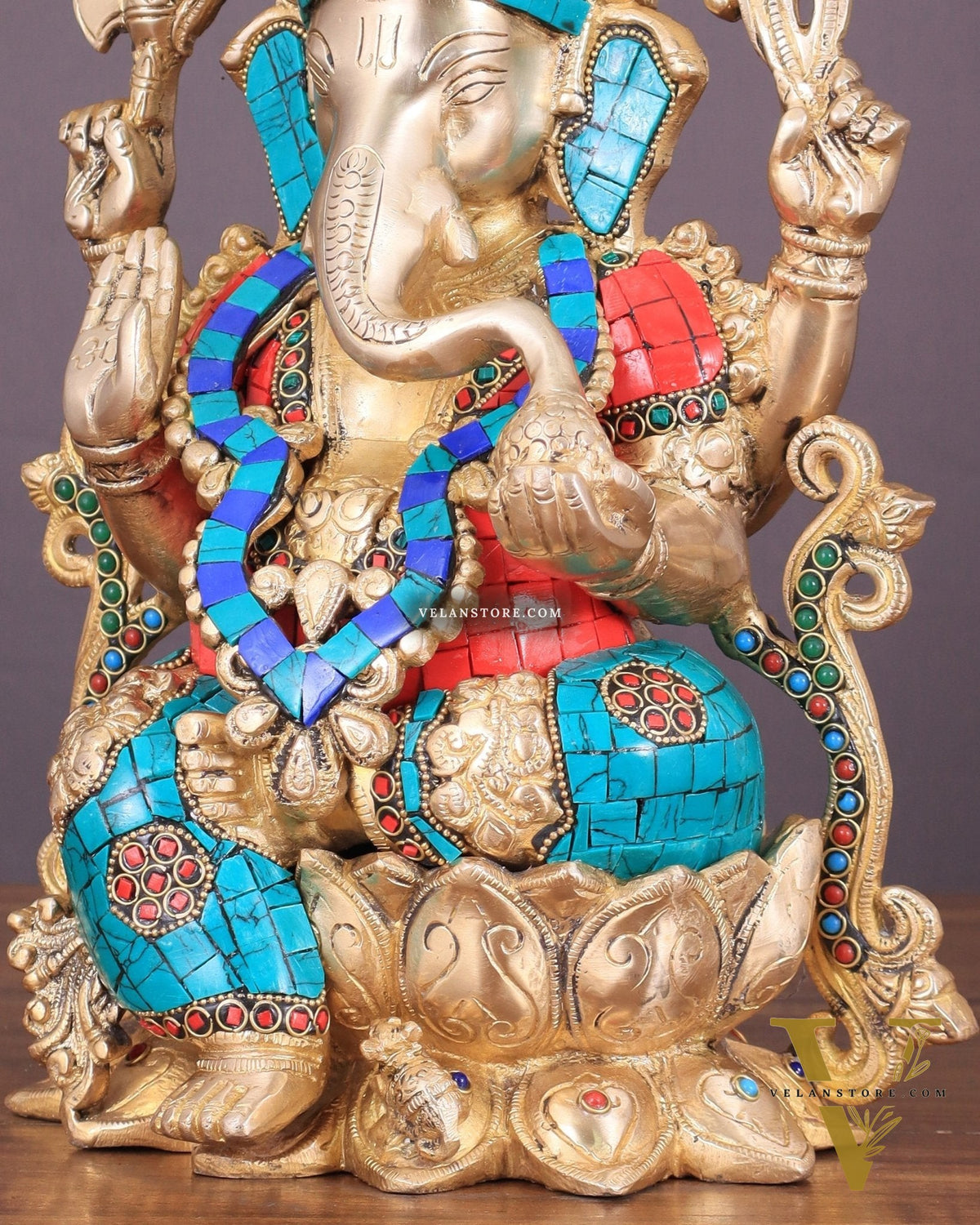 Handcrafted Brass Ganesha Idol with Meenakari Stonework - 12"