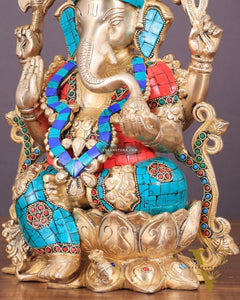 Handcrafted Brass Ganesha Idol with Meenakari Stonework - 12"