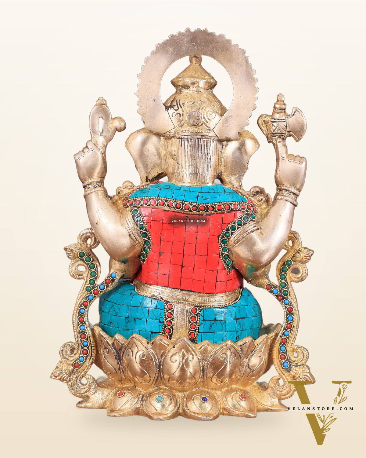 Handcrafted Brass Ganesha Idol with Meenakari Stonework - 12"