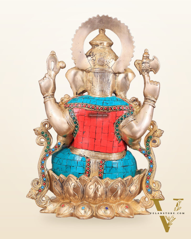 Handcrafted Brass Ganesha Idol with Meenakari Stonework - 12"