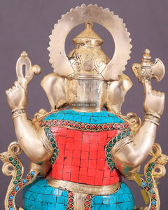 Handcrafted Brass Ganesha Idol with Meenakari Stonework - 12"