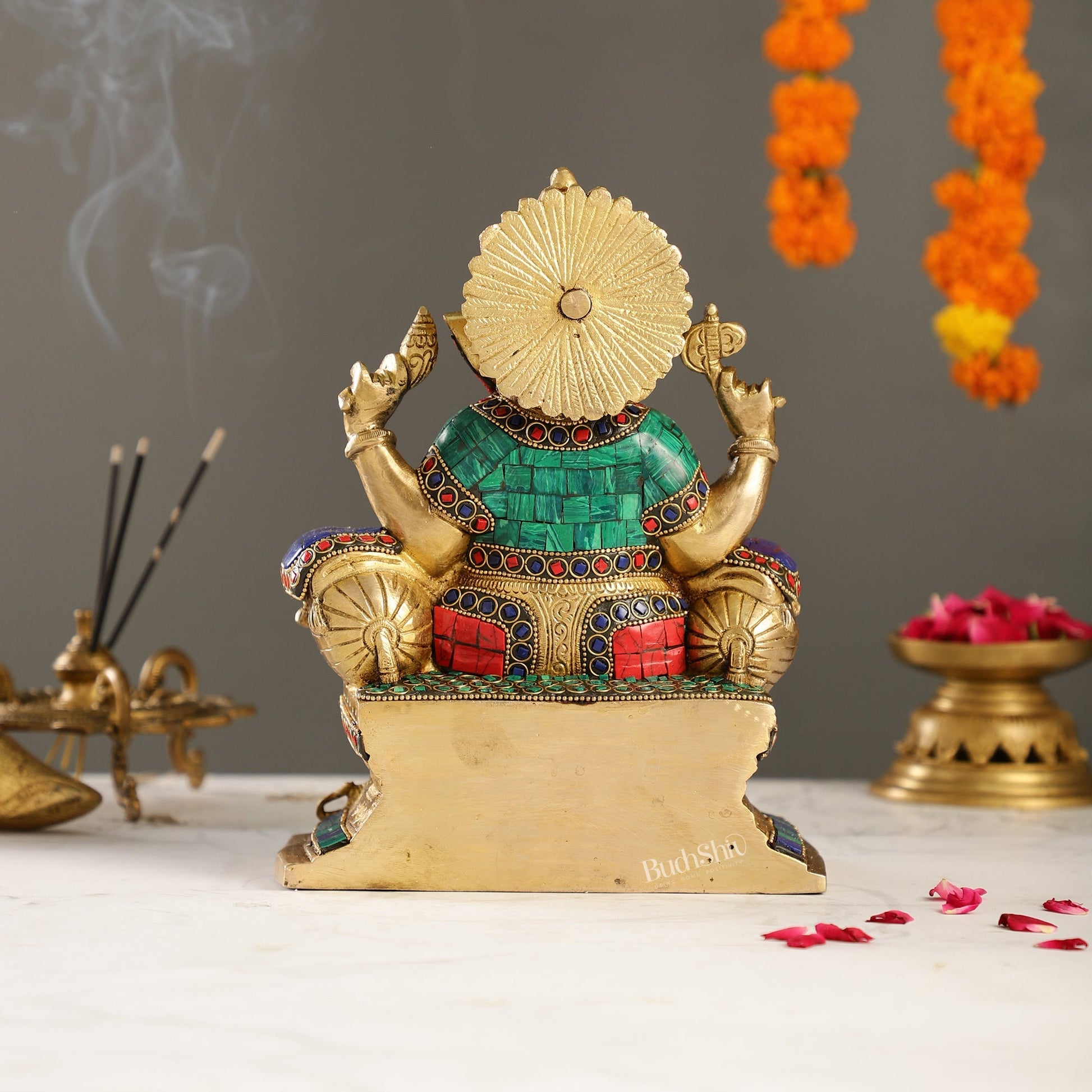 Handcrafted Brass Ganesha Idol with Meenakari Stonework | 10" Height | Artistic Excellence