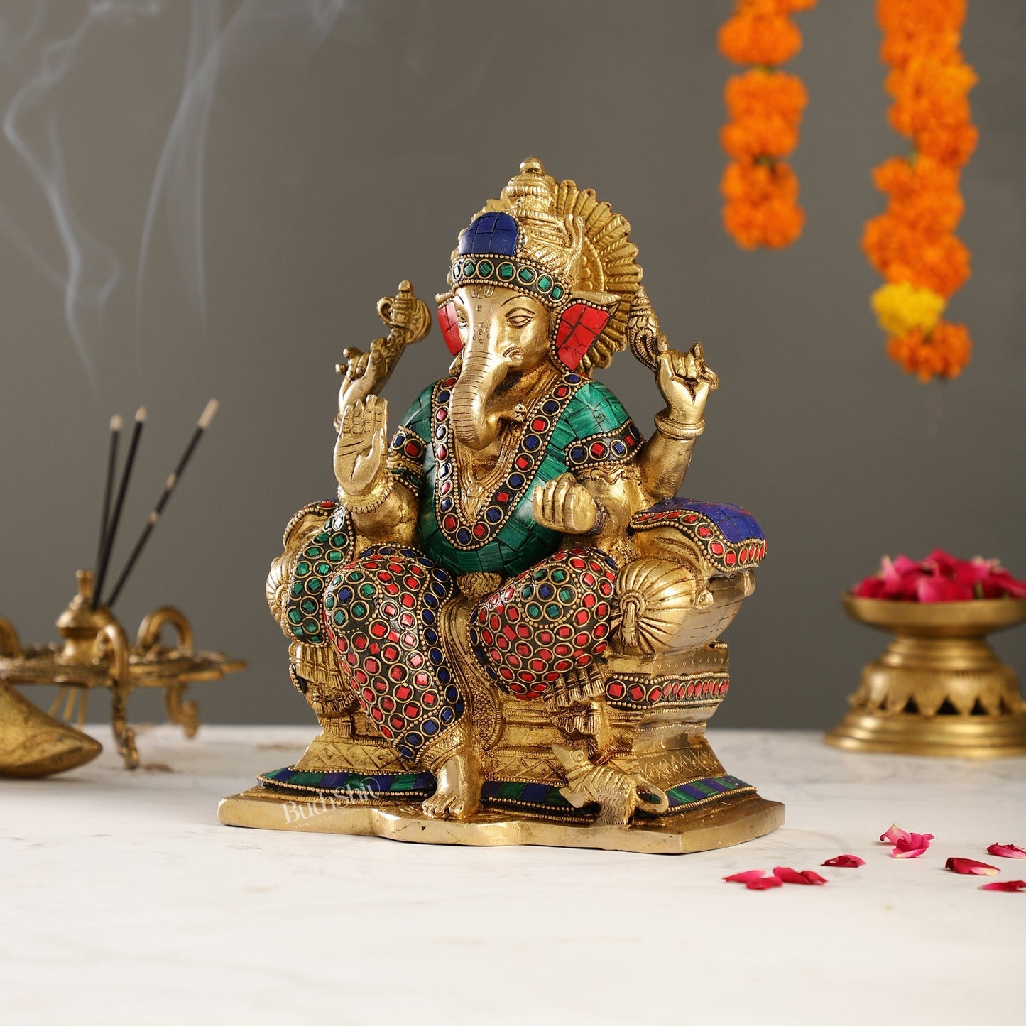 Handcrafted Brass Ganesha Idol with Meenakari Stonework | 10" Height | Artistic Excellence