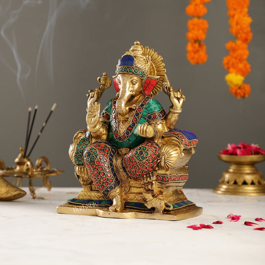Handcrafted Brass Ganesha Idol with Meenakari Stonework | 10" Height | Artistic Excellence