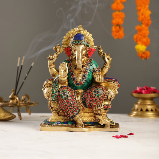 Handcrafted Brass Ganesha Idol with Meenakari Stonework | 10" Height | Artistic Excellence
