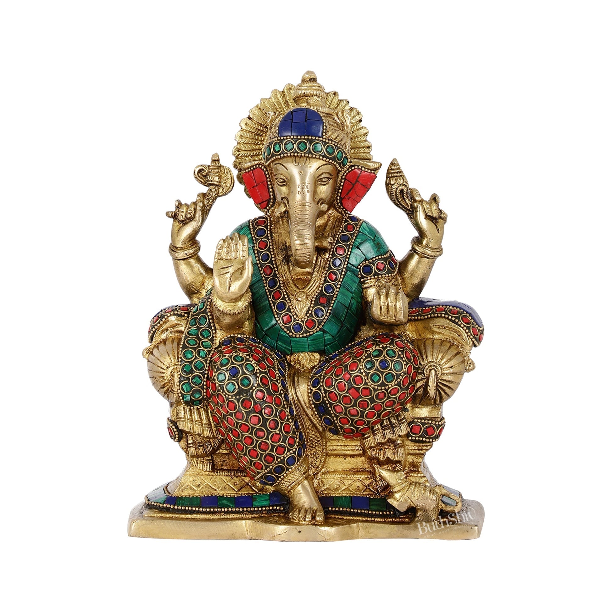 Handcrafted Brass Ganesha Idol with Meenakari Stonework | 10" Height | Artistic Excellence