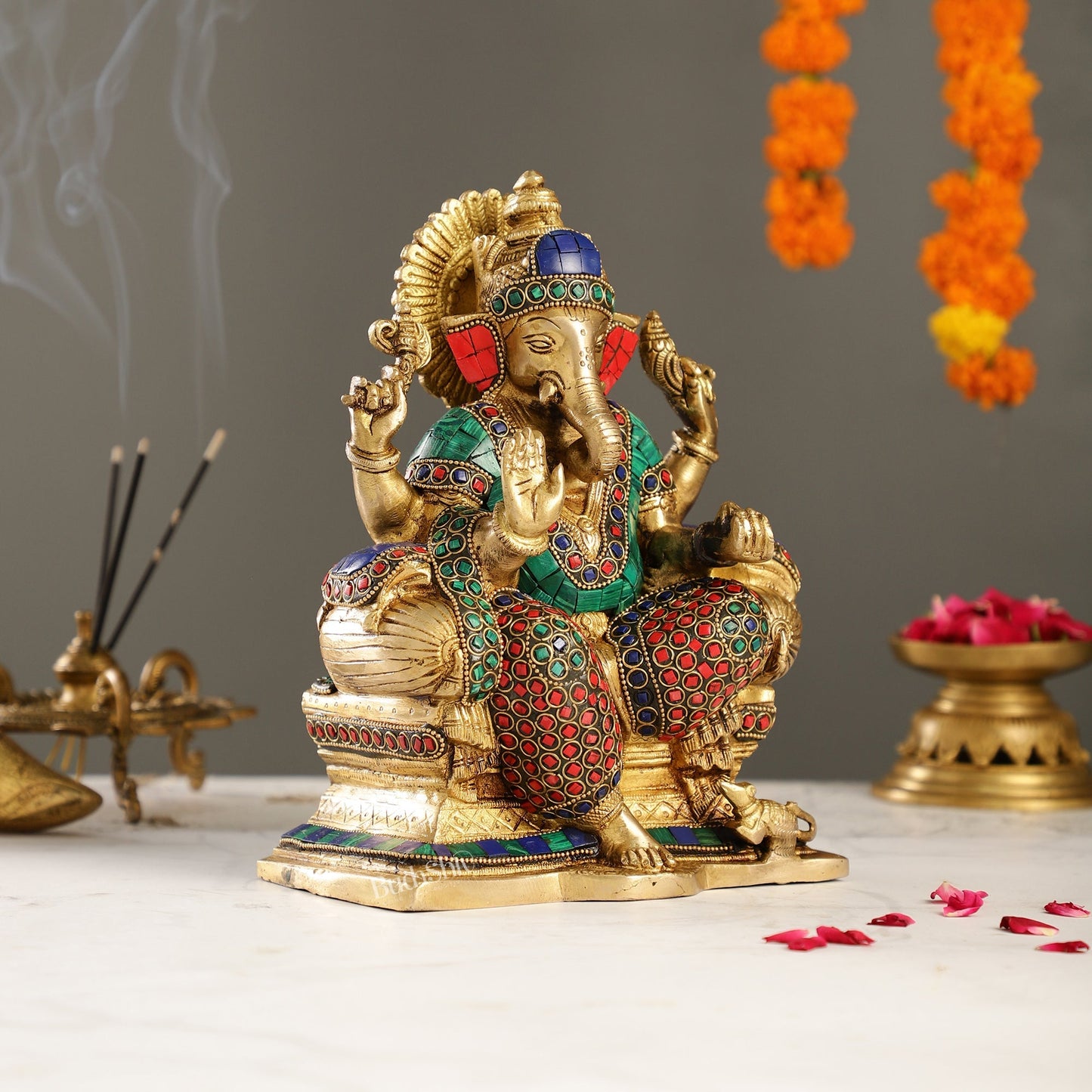 Handcrafted Brass Ganesha Idol with Meenakari Stonework | 10" Height | Artistic Excellence