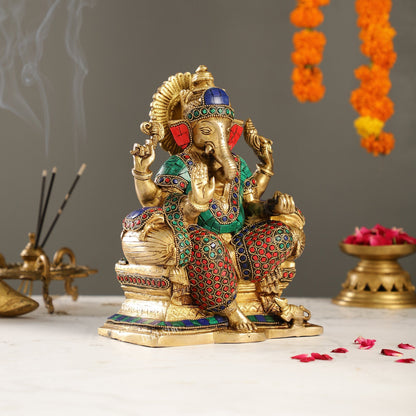 Handcrafted Brass Ganesha Idol with Meenakari Stonework | 10" Height | Artistic Excellence