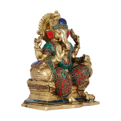 Handcrafted Brass Ganesha Idol with Meenakari Stonework | 10" Height | Artistic Excellence