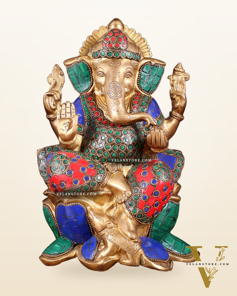 Handcrafted Brass Ganesha Idol with stonework - 10"