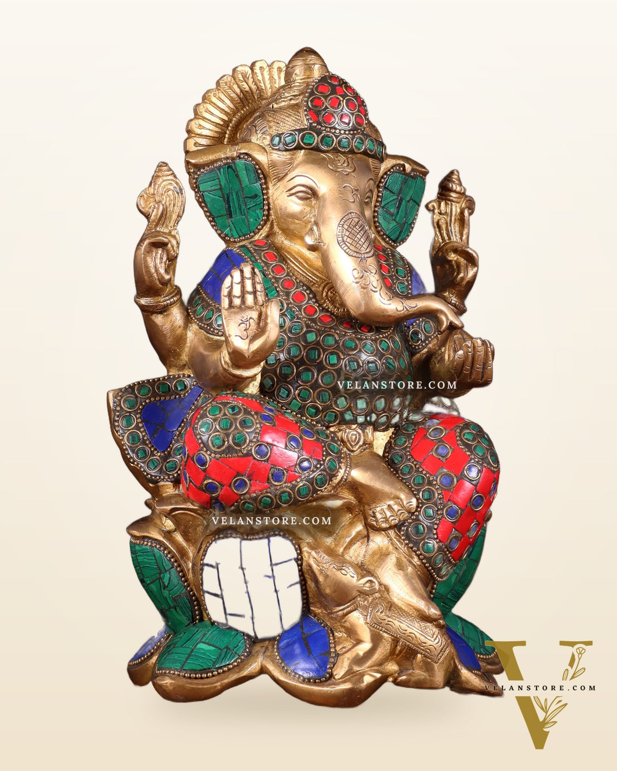 Handcrafted Brass Ganesha Idol with stonework - 10"