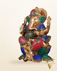 Handcrafted Brass Ganesha Idol with stonework - 10"