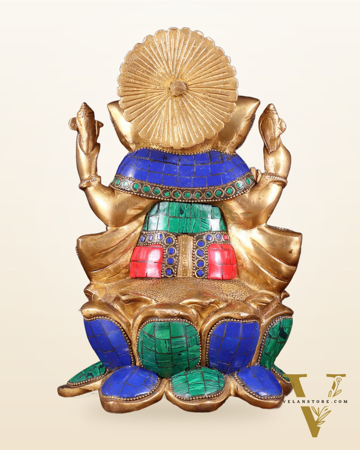 Handcrafted Brass Ganesha Idol with stonework - 10"