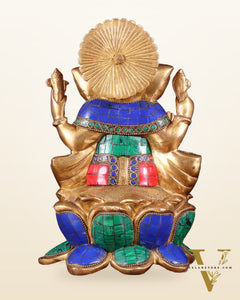 Handcrafted Brass Ganesha Idol with stonework - 10"