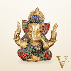 Handcrafted Brass Ganesha Idol with Stonework - 6" Height, Golden Finish