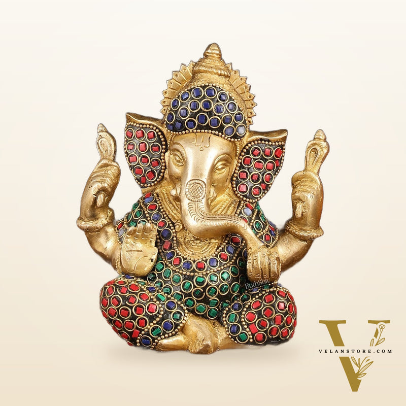 Handcrafted Brass Ganesha Idol with Stonework - 6" Height, Golden Finish