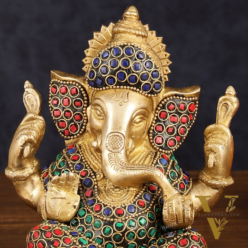 Handcrafted Brass Ganesha Idol with Stonework - 6" Height, Golden Finish