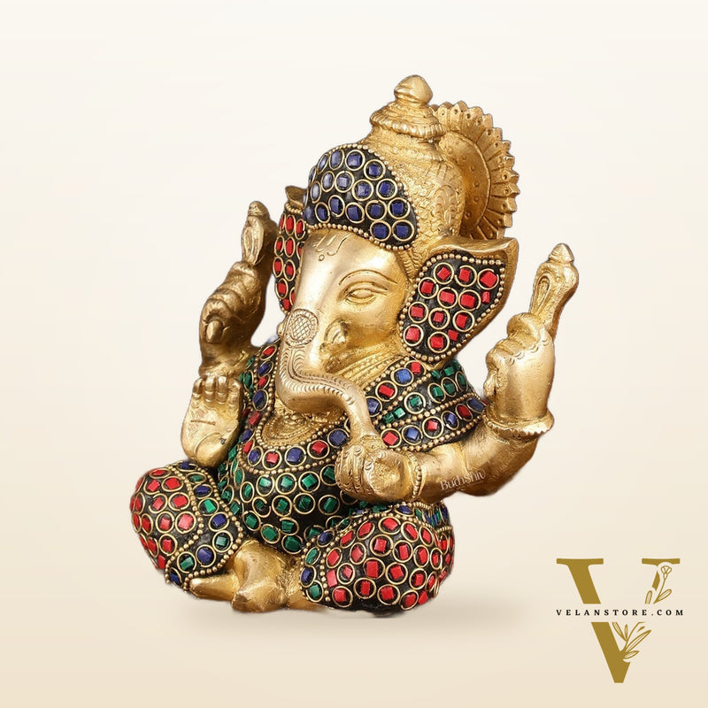 Handcrafted Brass Ganesha Idol with Stonework - 6" Height, Golden Finish