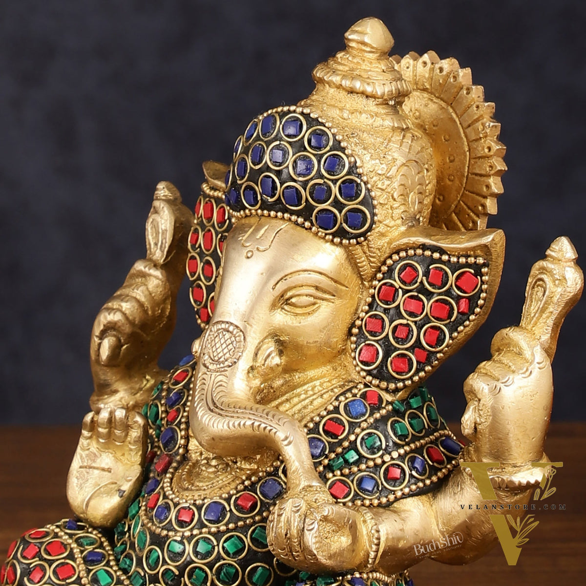 Handcrafted Brass Ganesha Idol with Stonework - 6" Height, Golden Finish