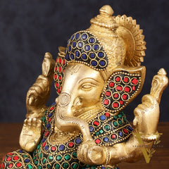 Handcrafted Brass Ganesha Idol with Stonework - 6" Height, Golden Finish