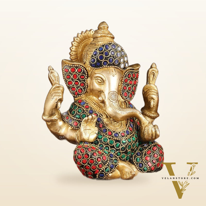Handcrafted Brass Ganesha Idol with Stonework - 6" Height, Golden Finish