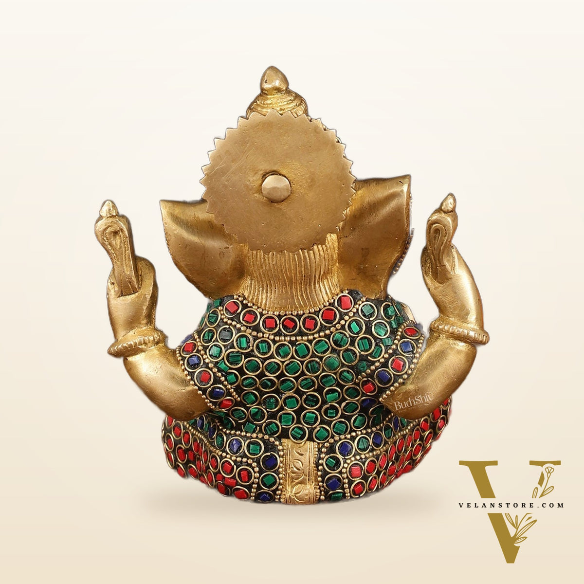 Handcrafted Brass Ganesha Idol with Stonework - 6" Height, Golden Finish