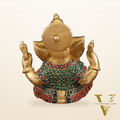 Handcrafted Brass Ganesha Idol with Stonework - 6" Height, Golden Finish