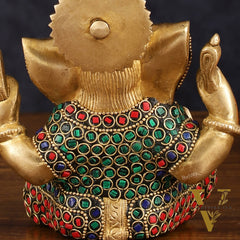 Handcrafted Brass Ganesha Idol with Stonework - 6" Height, Golden Finish