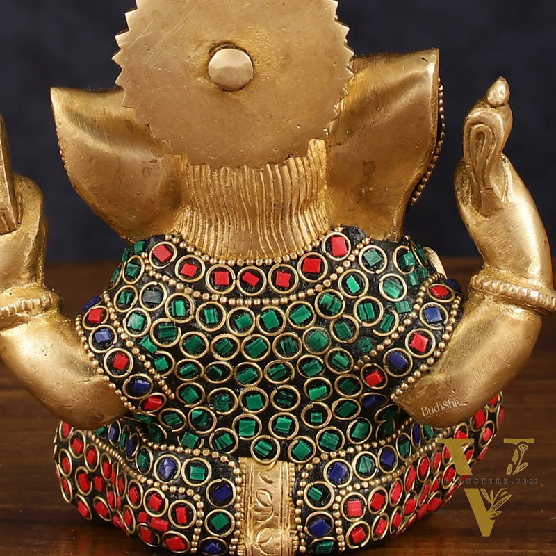 Handcrafted Brass Ganesha Idol with Stonework - 6" Height, Golden Finish