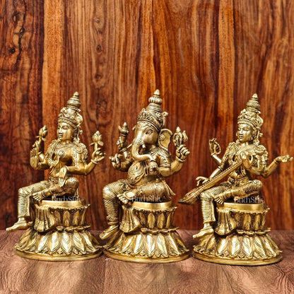 Brass Ganesha Lakshmi Saraswati Idols 15" large