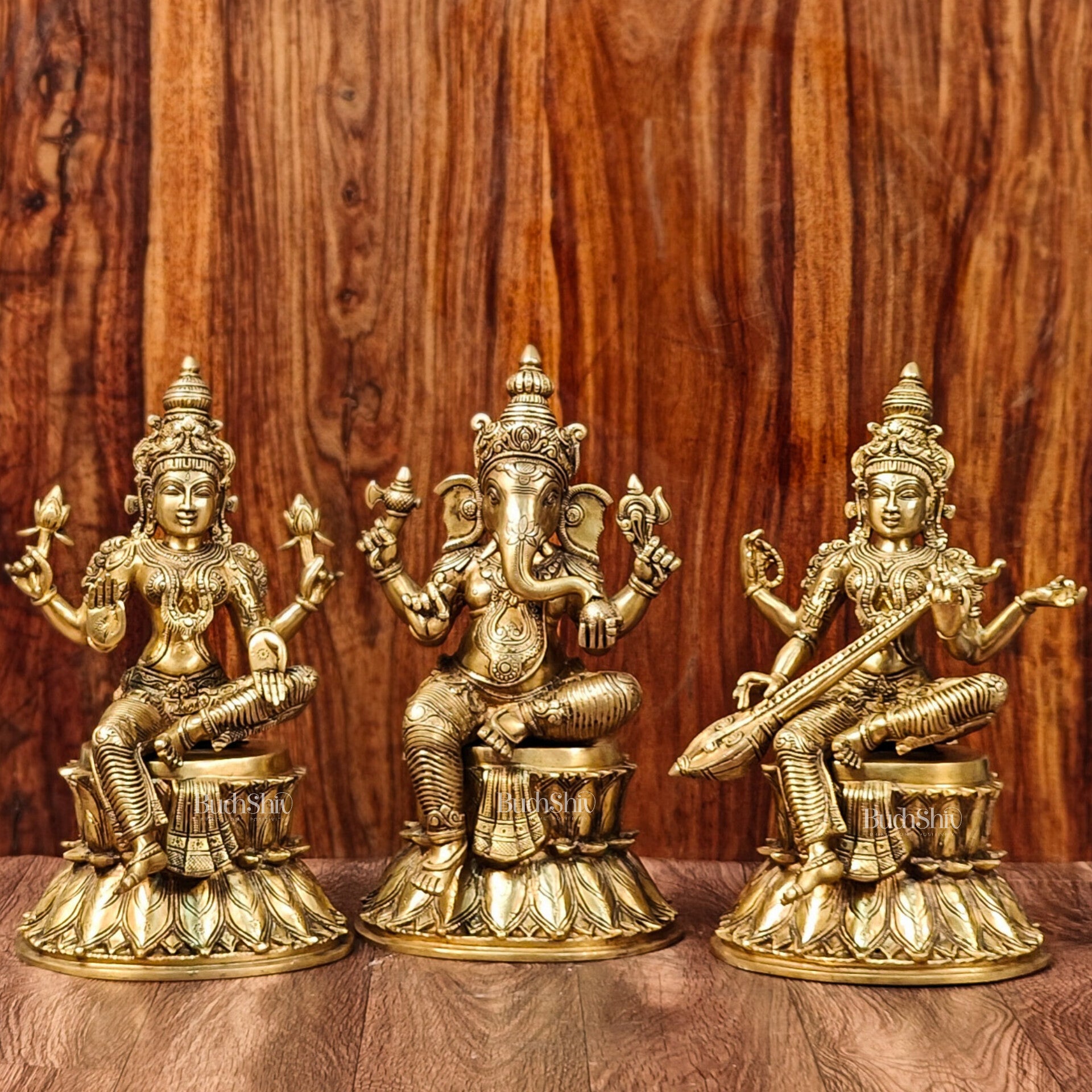 Brass Ganesha Lakshmi Saraswati Idols 15" large
