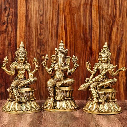 Brass Ganesha Lakshmi Saraswati Idols 15" large