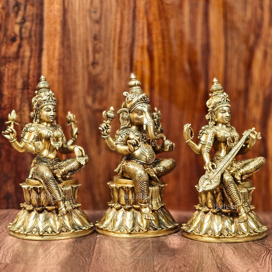 Brass Ganesha Lakshmi Saraswati Idols 15" large