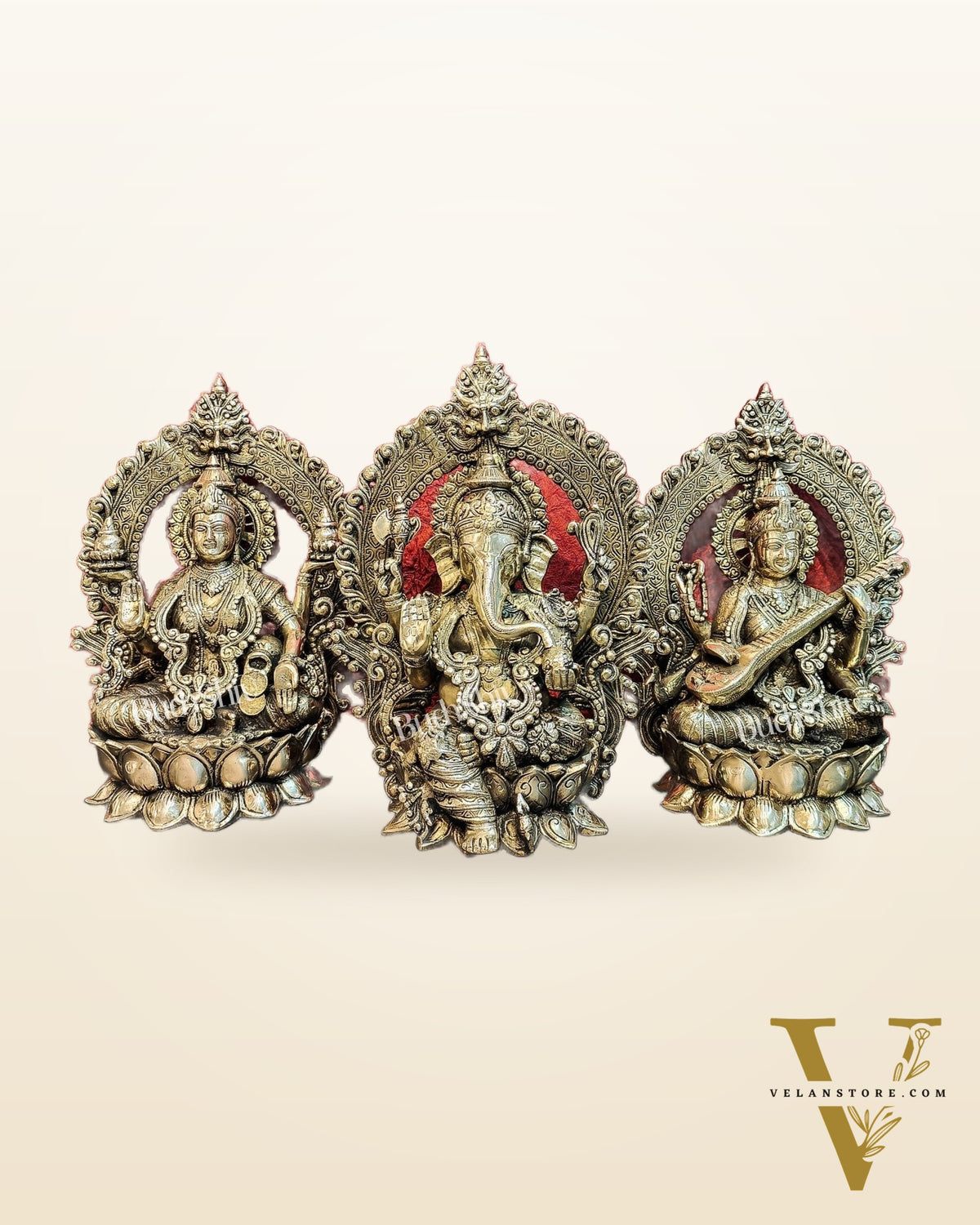 Handcrafted Brass Ganesha Lakshmi Saraswati Idols with Prabhavali 15 inch