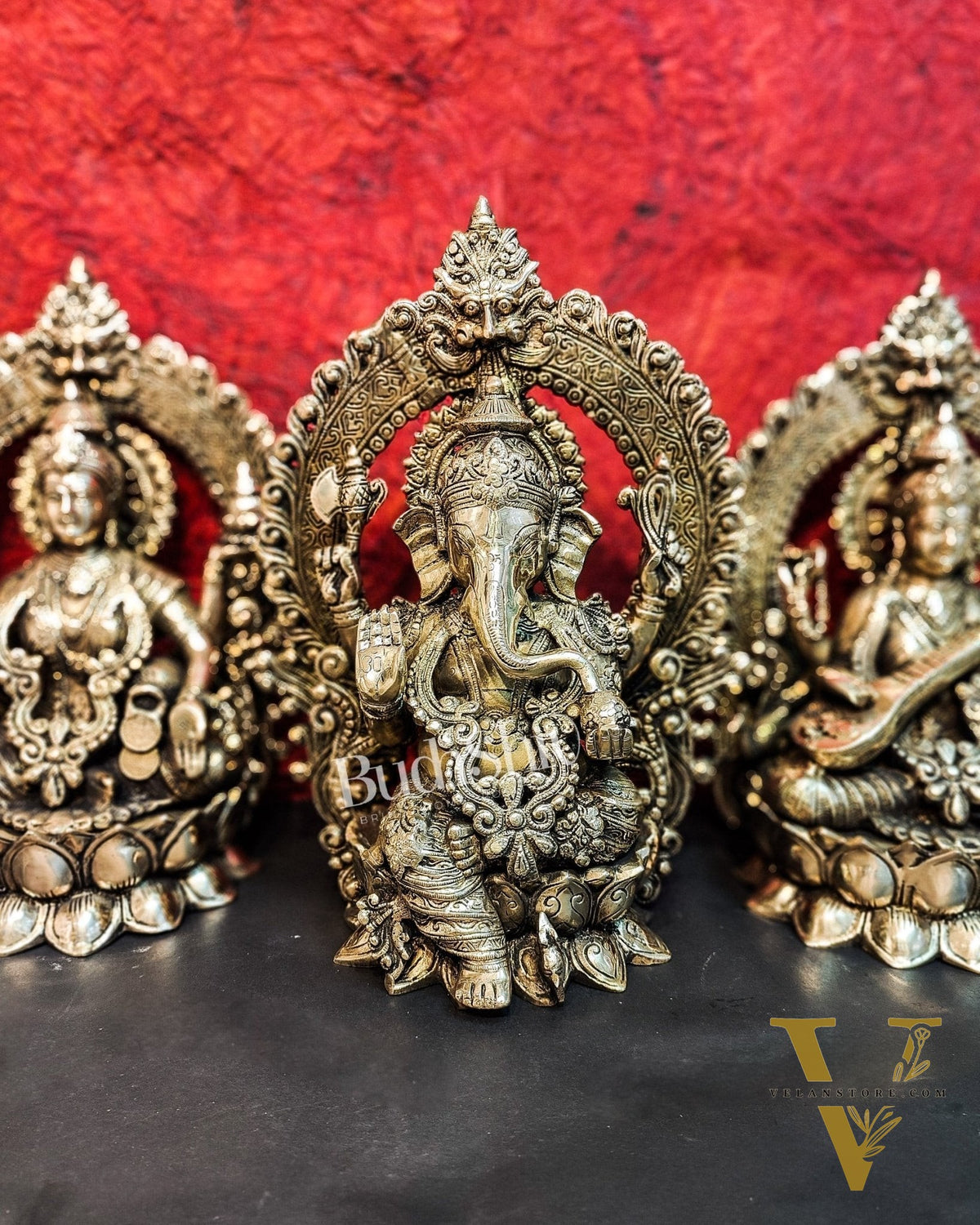 Handcrafted Brass Ganesha Lakshmi Saraswati Idols with Prabhavali 15 inch
