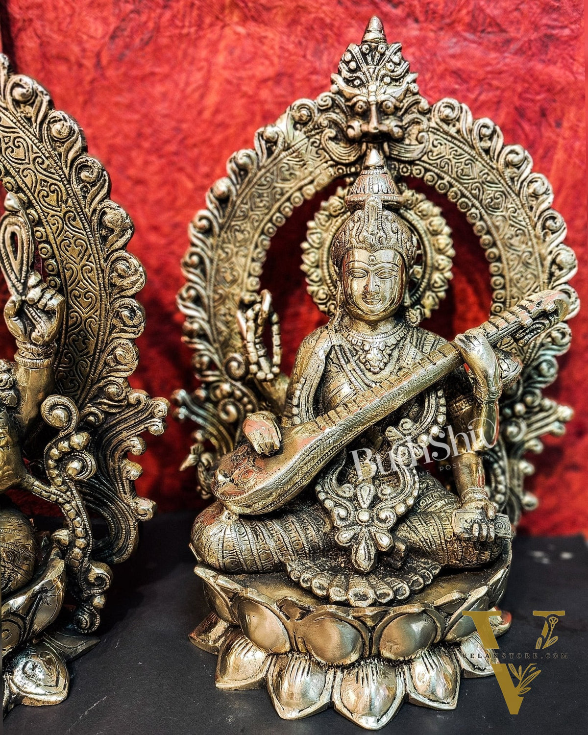 Handcrafted Brass Ganesha Lakshmi Saraswati Idols with Prabhavali 15 inch