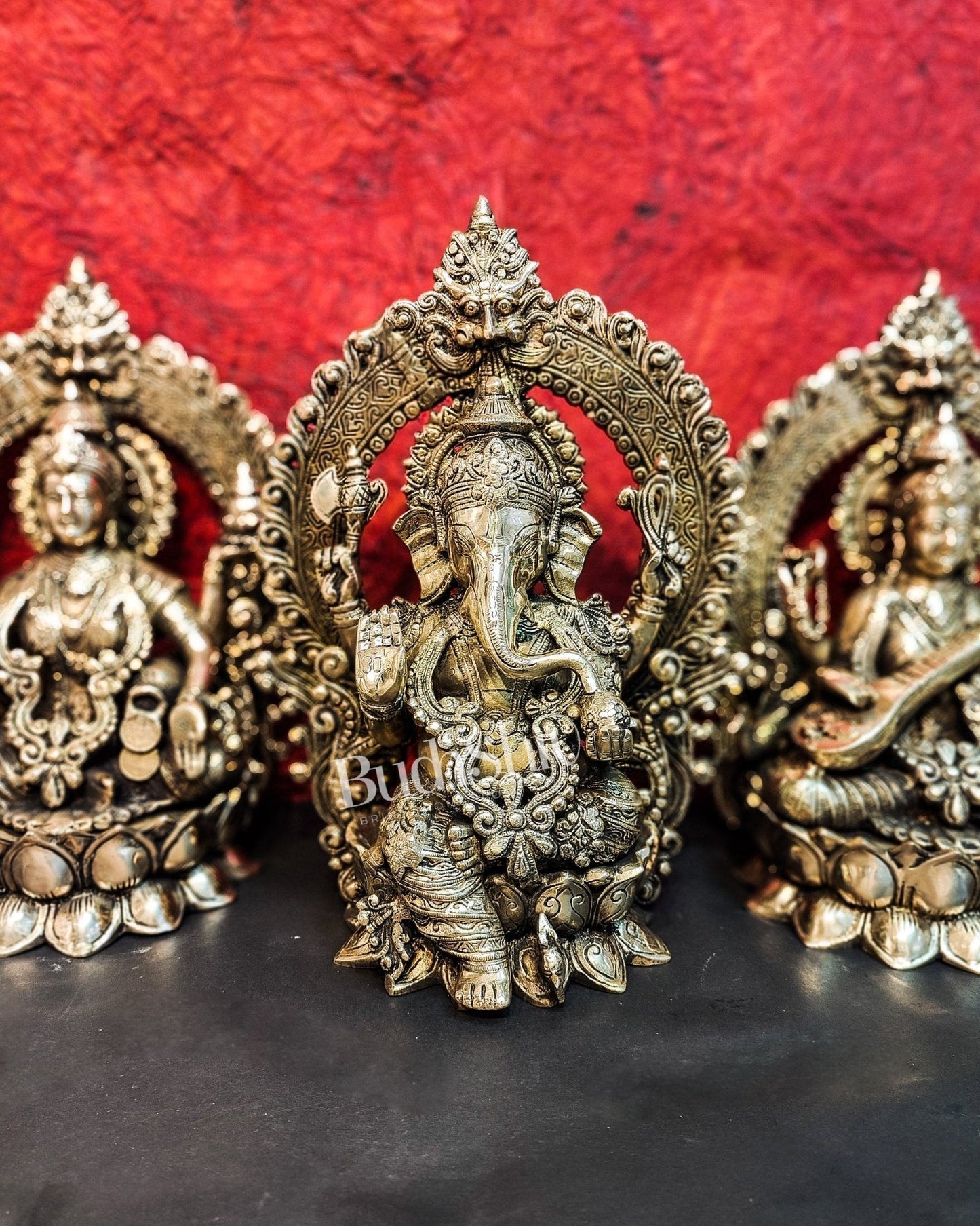 Handcrafted Brass Ganesha Lakshmi Saraswati Idols with Prabhavali 15 inch
