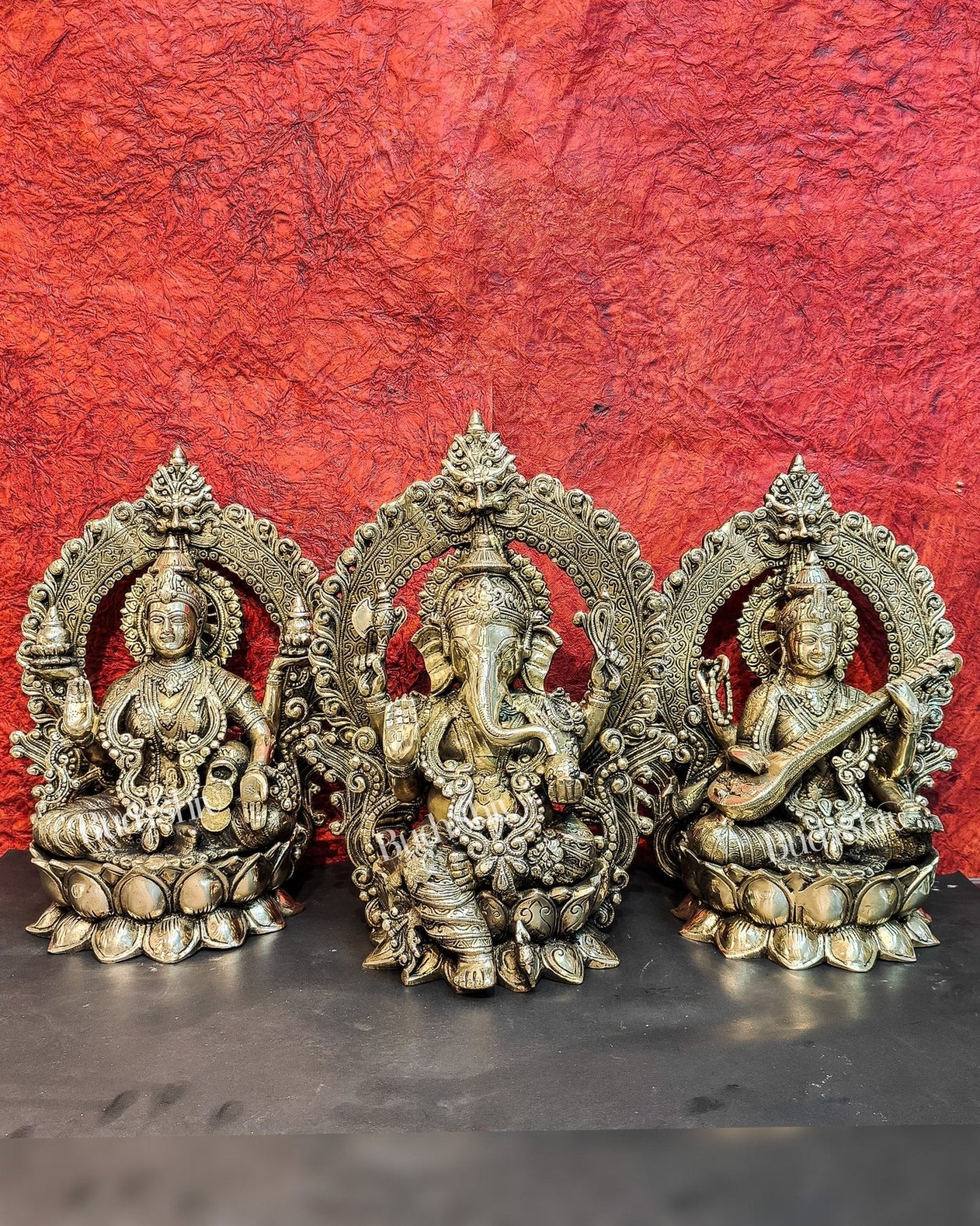 Handcrafted Brass Ganesha Lakshmi Saraswati Idols with Prabhavali 15 inch
