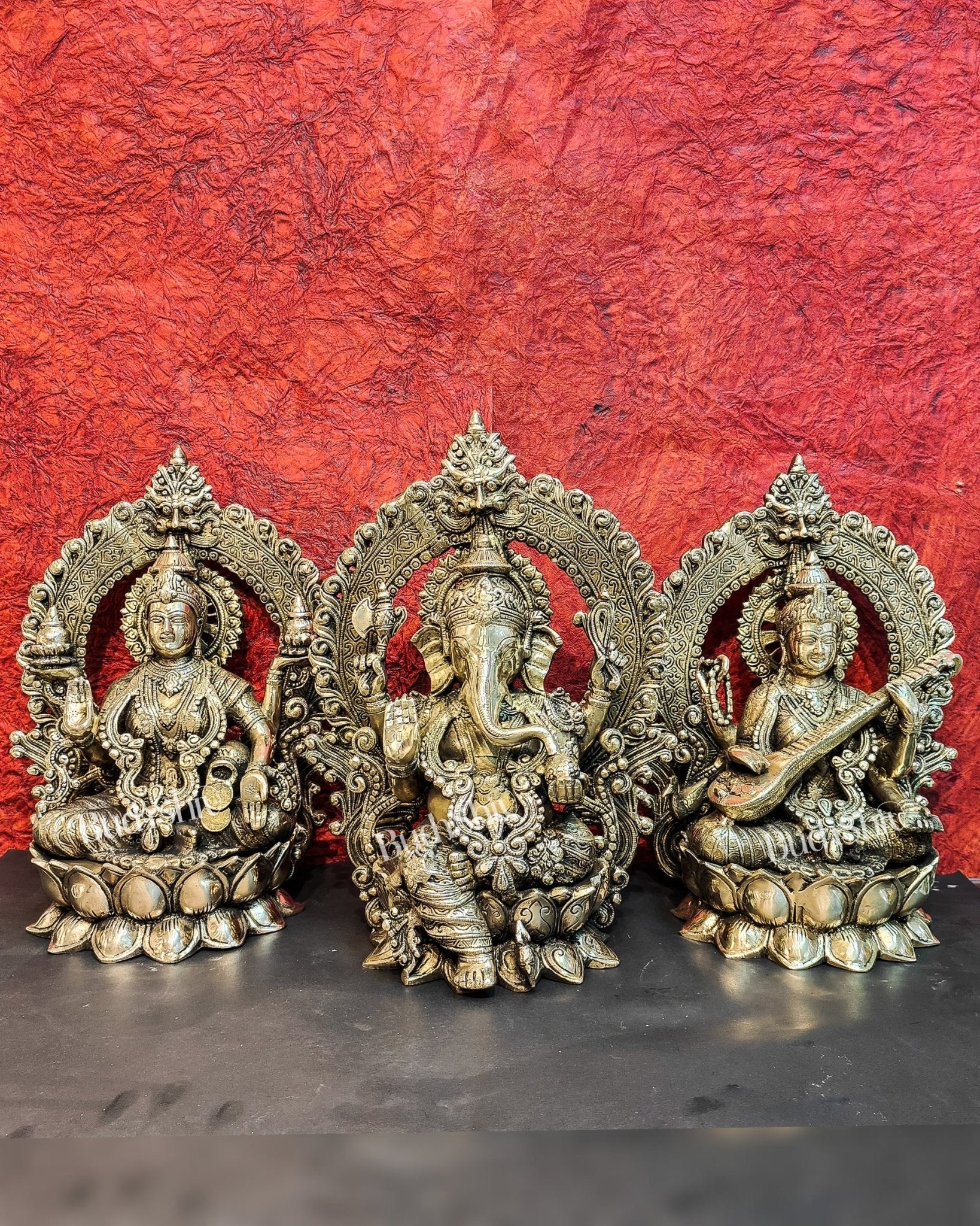 Handcrafted Brass Ganesha Lakshmi Saraswati Idols with Prabhavali 15 inch