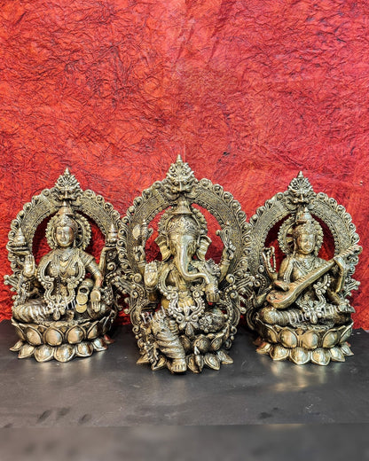Handcrafted Brass Ganesha Lakshmi Saraswati Idols with Prabhavali 15 inch