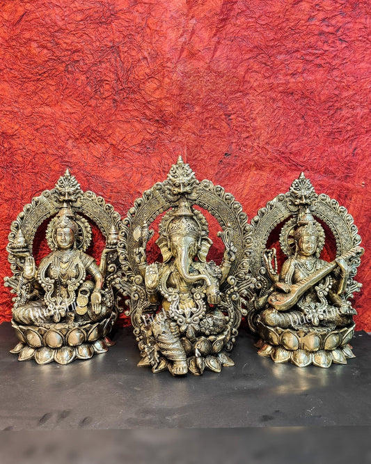 Handcrafted Brass Ganesha Lakshmi Saraswati Idols with Prabhavali 15 inch