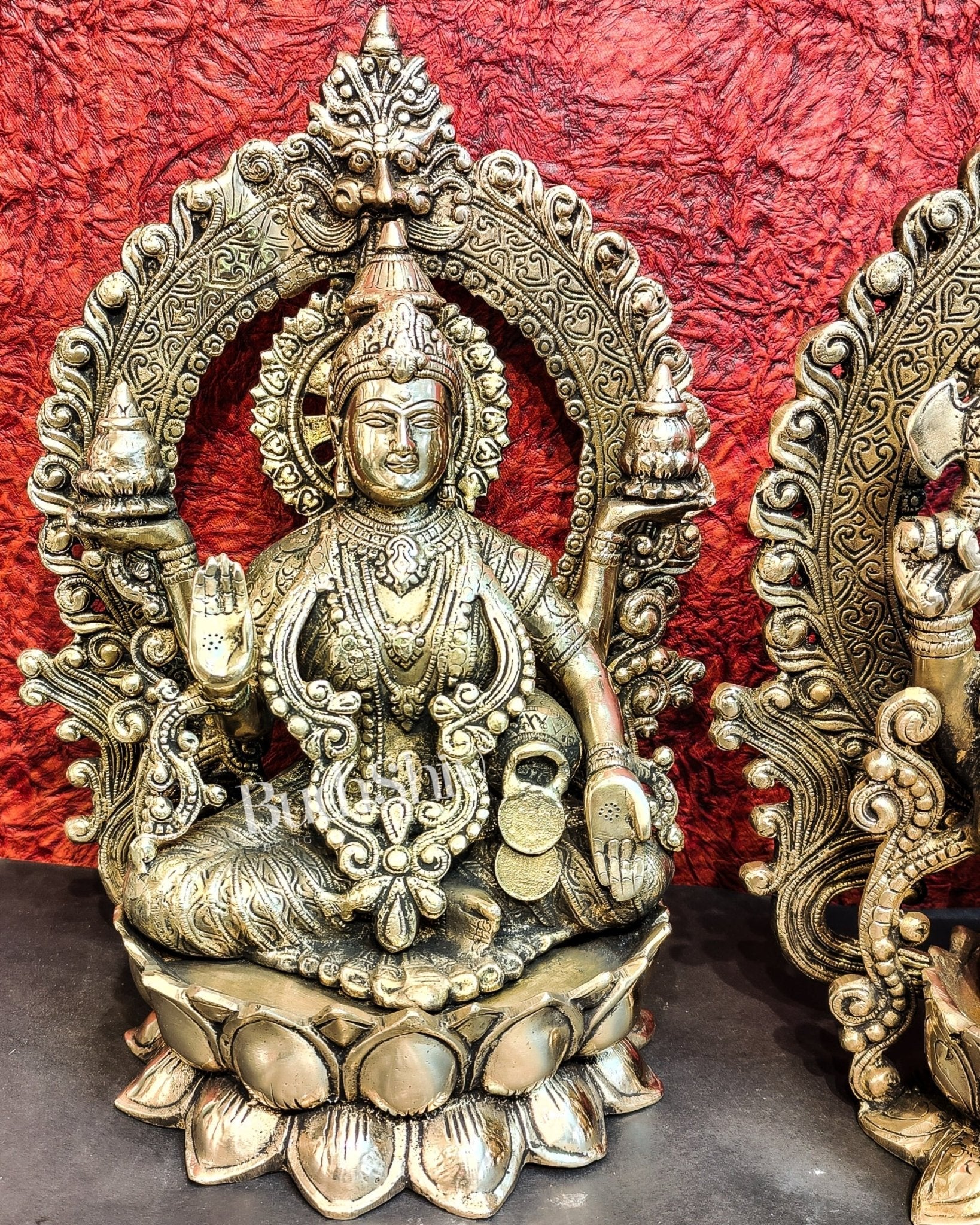 Handcrafted Brass Ganesha Lakshmi Saraswati Idols with Prabhavali 15 inch