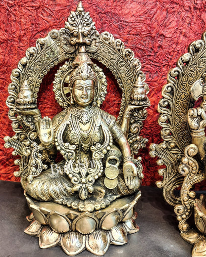 Handcrafted Brass Ganesha Lakshmi Saraswati Idols with Prabhavali 15 inch