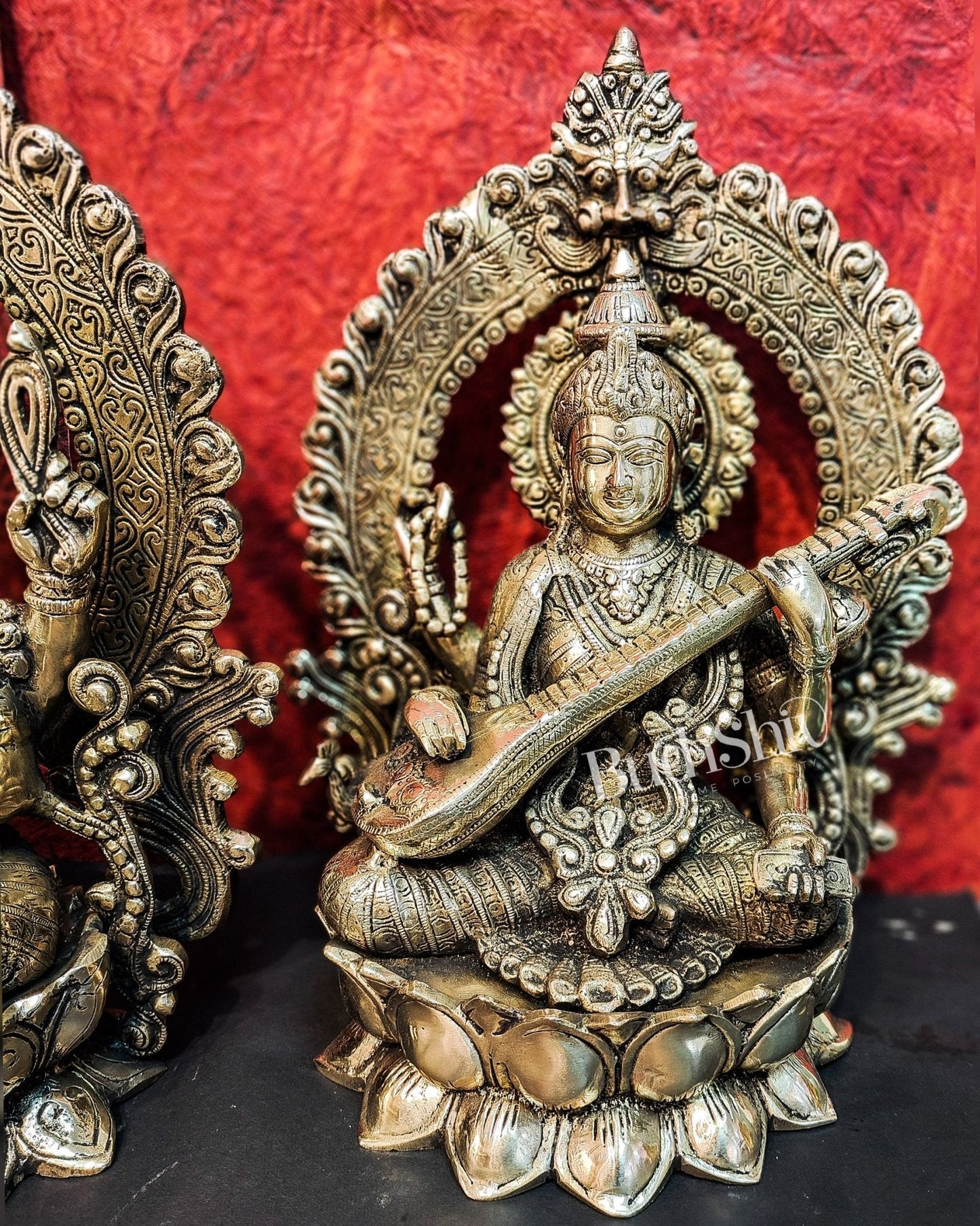 Handcrafted Brass Ganesha Lakshmi Saraswati Idols with Prabhavali 15 inch