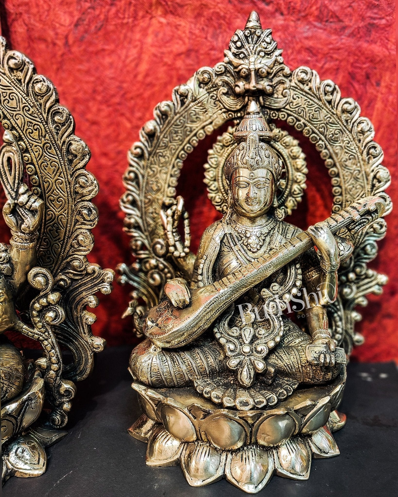 Handcrafted Brass Ganesha Lakshmi Saraswati Idols with Prabhavali 15 inch