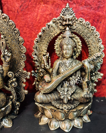 Handcrafted Brass Ganesha Lakshmi Saraswati Idols with Prabhavali 15 inch