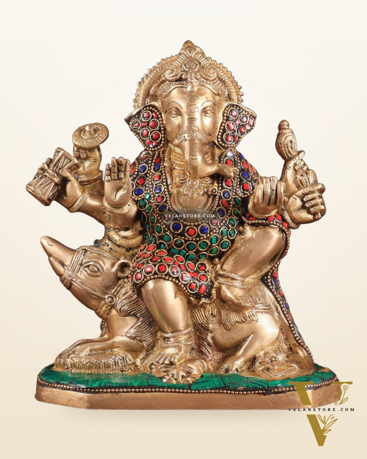Handcrafted Brass Ganesha on Mooshak with Meenakari Stonework – 8.5" x 6.75" x 3.5" | Divine Elegance