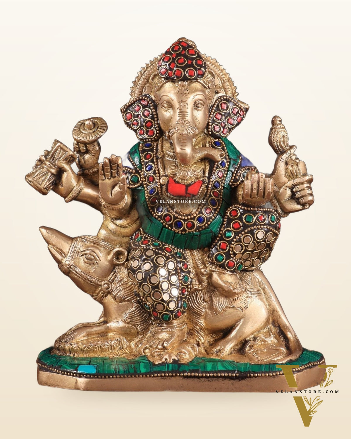 Handcrafted Brass Ganesha on Mooshak with Meenakari Stonework – 8.5" x 6.75" x 3.5" | Divine Elegance