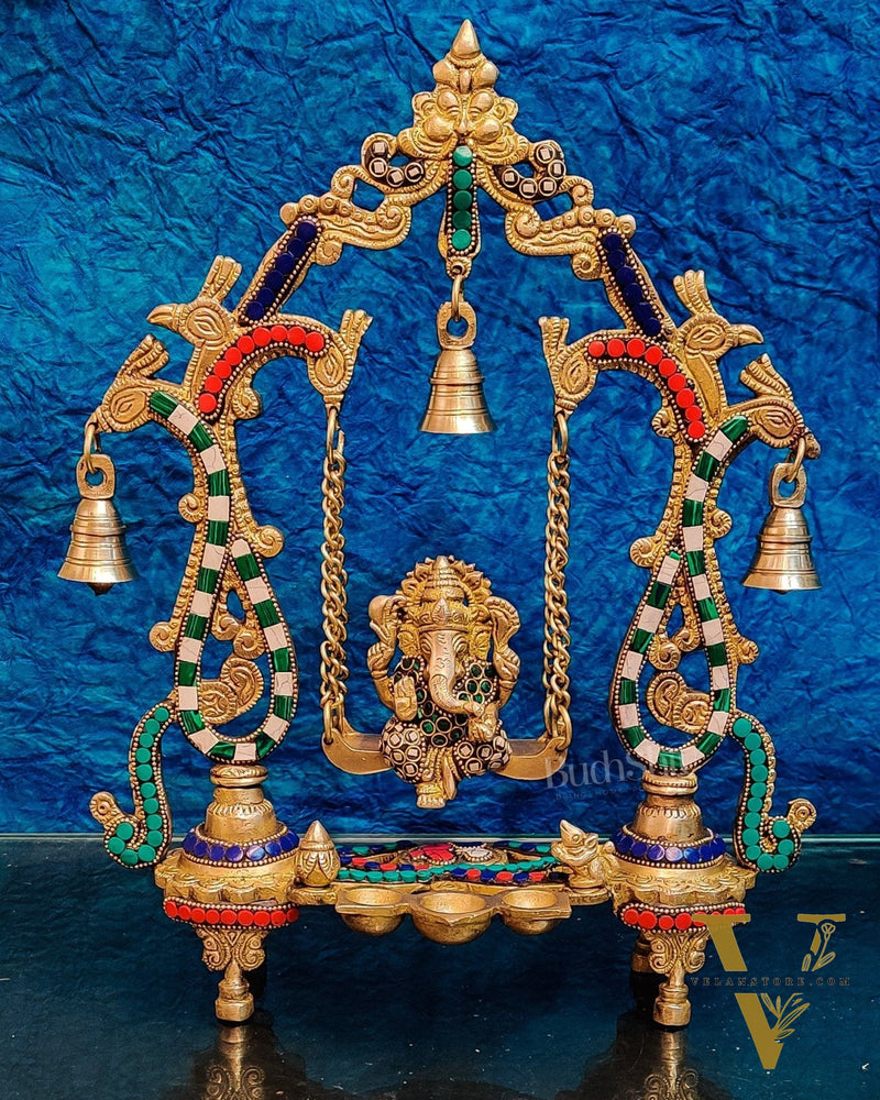 Handcrafted Brass Ganesha on Swing with Three Diyas 13"